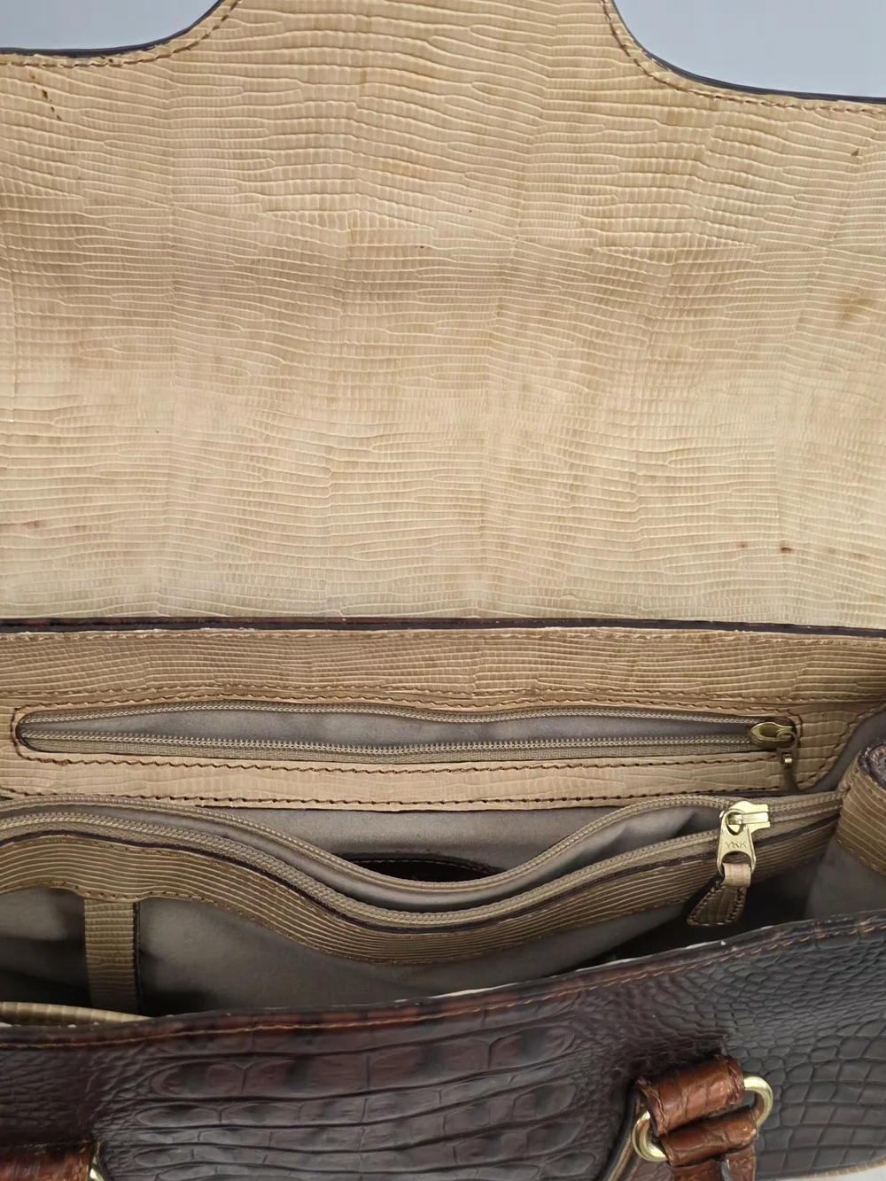 Brahmin Croc-Embossed Leather Satchel in Dark Brown and Tan